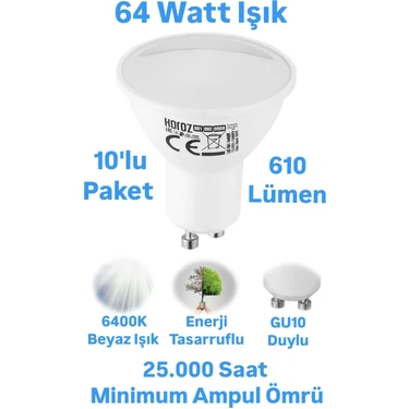 Horoz 8W GU10 LED Ampul Beyaz Işık 610 Lümen Çanak Spot