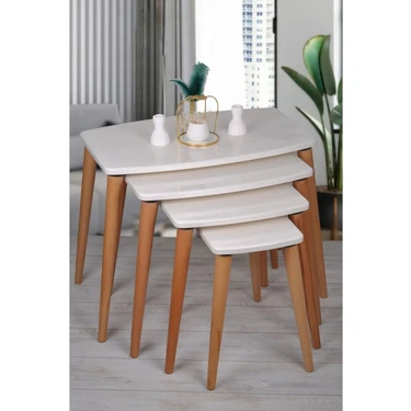 Enc Home 4'lü Beyaz Zigon Seti Ahşap Ayaklı Minimalist Tasarım 54 cm Genişlik 40 cm