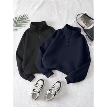 Trendseninle Kadın 3 Iplik Siyah Lacivert Oversize Yarım Fermuarlı 2li Sweatshirt