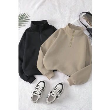 Trendseninle Kadın Vizon Siyah Oversize Yarım Fermuarlı 2li Sweatshirt