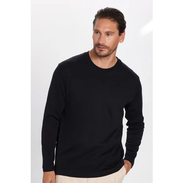 Tudors Unisex Relax Fit Rahat Kesim %100 Pamuk Uzun Kollu Bisiklet Yaka Siyah Basic
