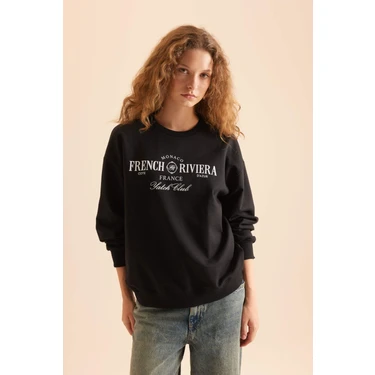 DeFacto Relax Fit Bisiklet Yaka Baskılı Sweatshirt Kumaşı Sweatshirt