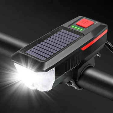 Solar Bisiklet Işığı Ön Farı Bisiklet Kornası Su Geçirmez Güneş Enerjili USB Şarjlı Ön