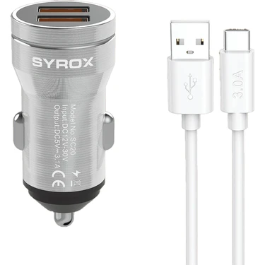 Syrox SC20T 3.1A Q.c. 3.0 1mt Usb-A - Type-C Kablolu 2xusb-A Port Çıkışlı Hızlı Araç Şarj Cihazı -