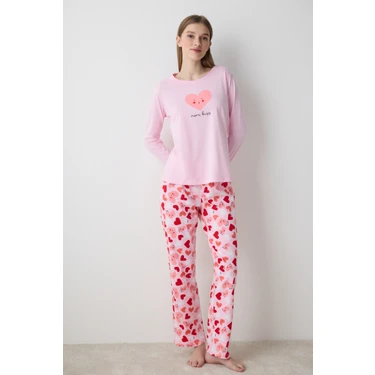 Penti Cute Hearts Pantolon Açık Pembe Pamuklu Pijama Takımı - Penti Loves Paris