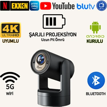 Robeve Kalobee Şarjlı Akıllı Mini Projektör Şarjlı Projeksiyon Cihazı - Android Kurulu, 4K/1080P