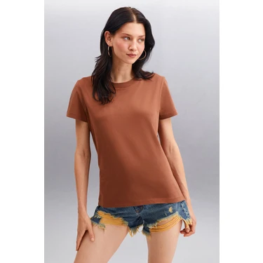 Grimelange Samantha Kadın %100 Organik Pamuklu Comfort Fit Arkası Uzun Basic Örme Kahverengi
