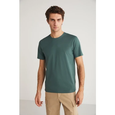 Grimelange MICHEL Erkek Slim Fit Dar Kesim %100 Organik Pamuklu Basic Örme Yeşil