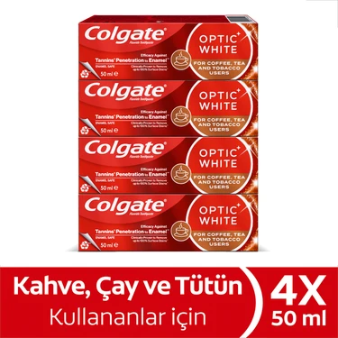 Colgate Optic White Beyazlatıcı Diş Macunu 4 x 50 ml Kahve Çay ve Tütün Kullanıcıları