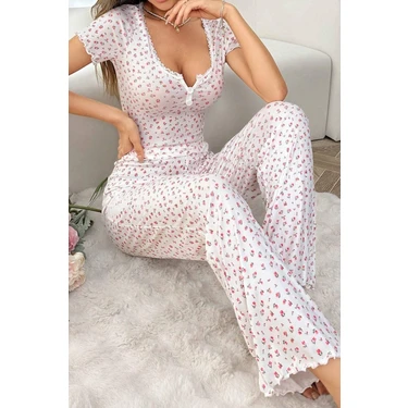 Bella Notte Çiçek Baskılı Pamuklu Kısa Kollu Pijama