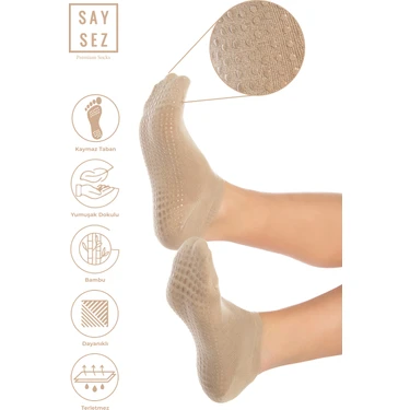 Saysez Bambu Kadın Kaydırmaz Taban Beyaz Silikon Baskı Pilates Yoga Fitness Dans Aktivite Patik