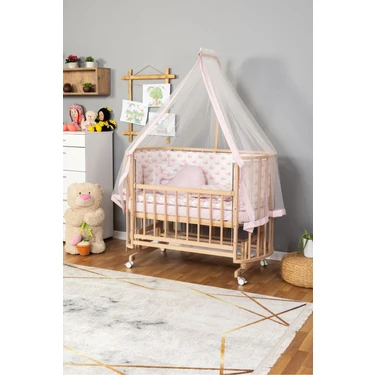 Ahşap Beşik Anne Yanı Beşik Organik (Boyasız) 60X120 - Pembe Balina Uyku Seti Yatak