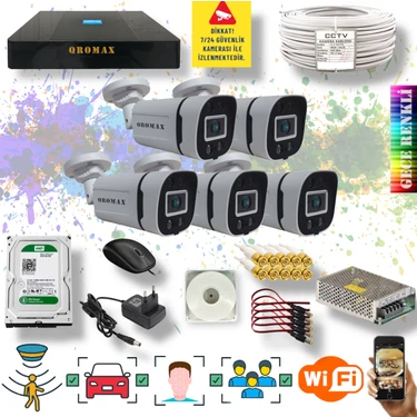 Qromax 5 Kameralı Set - Yapay Zeka Özellikli Gece Renkli Gösteren 5MP SONY Lensli 4 Ultra Warm
