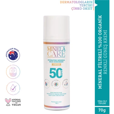 Minela Care Hydrating Organik Mineral Filtreli Renkli Yüz Güneş Kremi Spf 50 70 gr