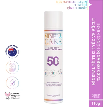 Minela Care 100% Organik Mineral Filtreli Yüz ve Vücut Güneş Kremi Spf 50 110 gr