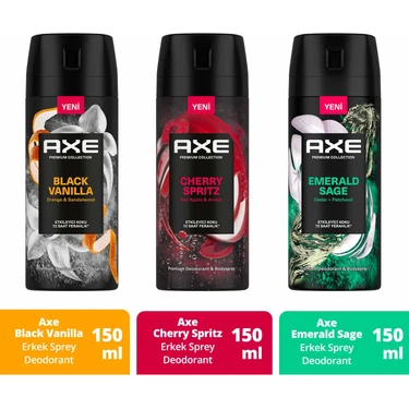 Axe Erkek Sprey Deodorant Cherry Spritz 150 ml + Black Vanilla 150 ml + Emerald Sage 150