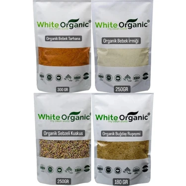 White Organic Bebek İrmiği+Bebek Tarhanası+Sebzeli Kuskus+Ruşeym Özü Organik Sertifikalı Ek Gıda