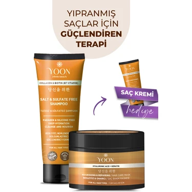 Yoon Vegan Tuzsuz Şampuan & Saç Bakım Maskesi 250ML, Hyaluronik Asit, Keratin, Kolajen ve Biotin