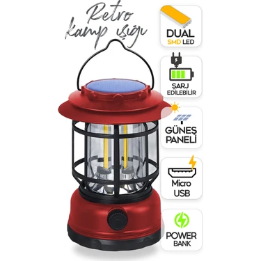 Suled Fanus Fener Retro - Vintage Kamp El Feneri Micro USB Güneş Şarjlı 10W Güçlü LED Işık Power