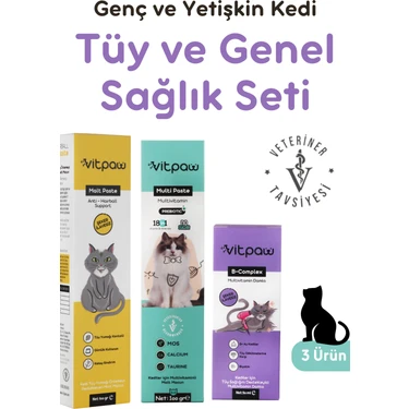 Vitpaw Kediler İçin Tüy ve Genel Sağlık Vitamin Seti (Malt Paste - B+ Complex - Multi