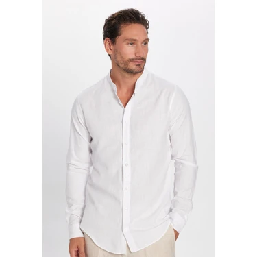 Tudors Slim Fit Dar Kalıp Uzun Kol Hakim Yaka Pamuklu Keten Efekt Gömlek -