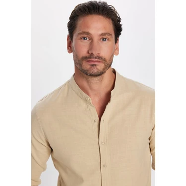 Tudors Erkek Slim Fit Dar Kesim Uzun Kollu %100 Pamuk Keten Doku Hakim Yaka Bej