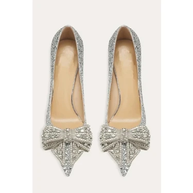Trendy Anka Lady Princess Gümüş Nude Şeffaf Kristal Fiyonk Taşlı Stiletto 9cm Topuklu Düğün Nişan