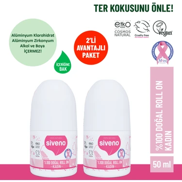 Siveno %100 Doğal Roll On Kadın Deodorant Bitkisel Leke Bırakmayan Vegan 50 ml X 2