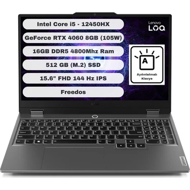 Lenovo LOQ Intel Core i5 12450HX 16GB 512GB SSD RTX4060 Freedos 15.6" FHD Taşınabilir Bilgisayar