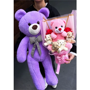 Lenostra Sevgiliye Hediye 90cm Mor Ayıcık ve Büyük Ayıcıklı Ayıcık Buketi Peluş Buket Sevgililer