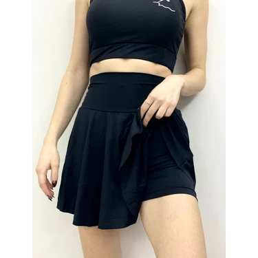 Siyah Yüksek Bel Şortlu Etek Bikini Altı Mayo Etek Kadın Mayo Esnek Kısa Etek Plaj & Spor Şort