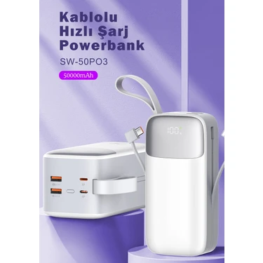 Sword 50000 mAh PD 22.5 W Hızlı Şarj Kendinden Kablolu Type-C & Lightning Powerbank Beyaz