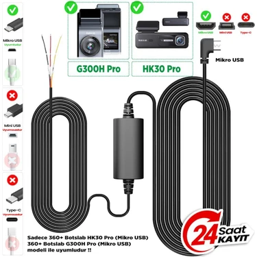 360 Botslab G300H Pro/HK30 Pro Araç İçi Kamera 24 Saat Park Modu Kiti Akü Bağlantı Kablosu (Micro