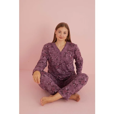 Temporium Kadın Büyük Beden Desenli Yakası Düğmeli Uzun Kollu Bambu Pijama