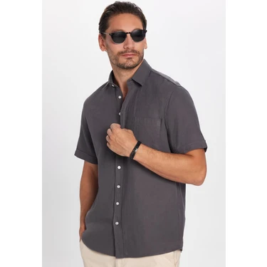 Tudors Erkek Regular Fit Klasik Kesim Oversize %100 Pamuk Keten Doku Cepli Gri