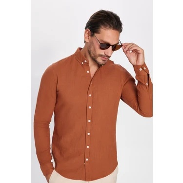 Tudors Erkek Slim Fit Dar Kesim %100 Pamuk Keten Doku Düğmeli Yaka Kiremit Renk