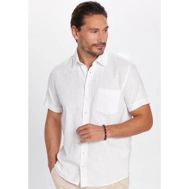 Tudors Erkek Regular Fit Klasik Kesim Oversize %100 Pamuk Keten Doku Cepli Beyaz