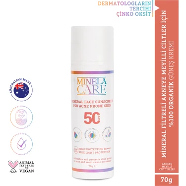 Minela Care 100% Organik Acne Prone Mineral Filtreli Yüz Güneş Kremi 70