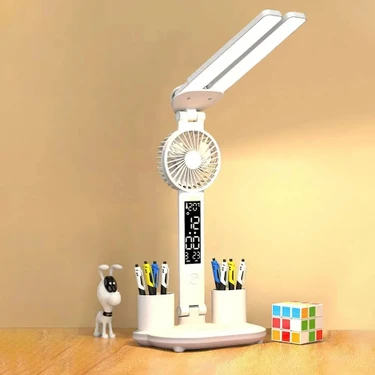 Techtic 6in1 Fanlı 2başlı Masa Lambası Saat Takvim Derece Kalemlik Şarjlı Masaüstü Fanlı Şarjlı