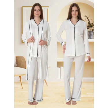 Effortt Lohusa Sabahlıklı Pijama Takımı Ekru -