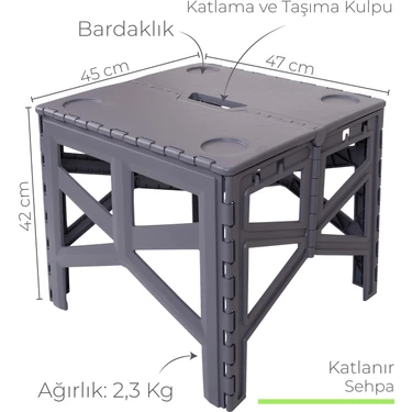 Özgen Plastik Portatif Katlanabilir Kolay Taşınır Gri Kamp Piknik Masası 45 x 47 x 42