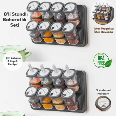 Porsima 1117 Standlı Kaydırmalı Kaşıklı 360° Döner Kapaklı Kendinden Yapışkanlı Etiketli Baharatlık