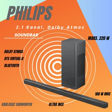 Phılıps  Subwoofer, Maks. 320 W / 160 W Rms, 2.1 Kanal, Dolby Atmos, Bluetooth