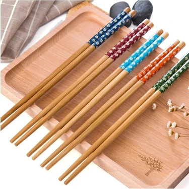 5 Çift Desenli Yıkanabilir Kore Çin Bambu Chopsticks Yemek Çubuğu | Desenli Bambu