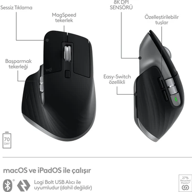 Logitech MX Master 3S Mac Için Yüksek Performanslı 8000 DPI Fiyatı