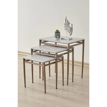 Fursimo Damrin Serisi Gri Mermer Mebran Mdf 3’lü Zigon Sehpa Takımı - Bronz
