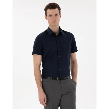 Pierre Cardin Erkek Lacivert Basic Regular Fit Kısa Kollu Cepli Gömlek