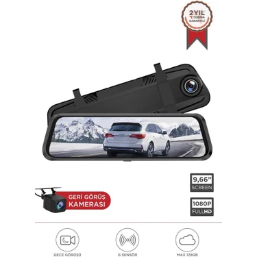 Lenovo V7AHD Siyah 1080P Araç Içi 9.6inç Dokunmatik Dikiz Ayna Gece Görüşü Ön ve Arka Araç