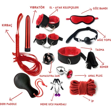 Fantazi Çok Parçalı Deri Bdsm Kelepçe Kırbaç Dev Fantezi Seti | 13 Parça | Kırmızı | Gizli