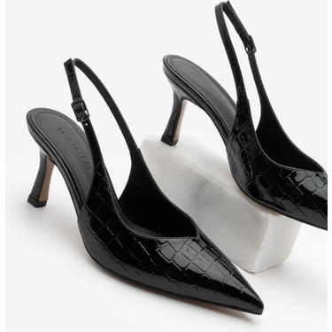 Marjin Kadın Stiletto Sivri Burun Croco Arkası Açık Atkılı Topuklu Ayakkabı